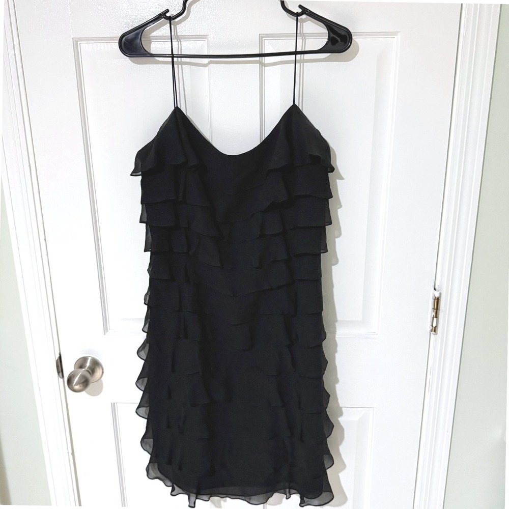 Y2K Lauren Ralph Lauren Black Silk Tiered Ruffle Cocktail Dress Size 10 Low Back